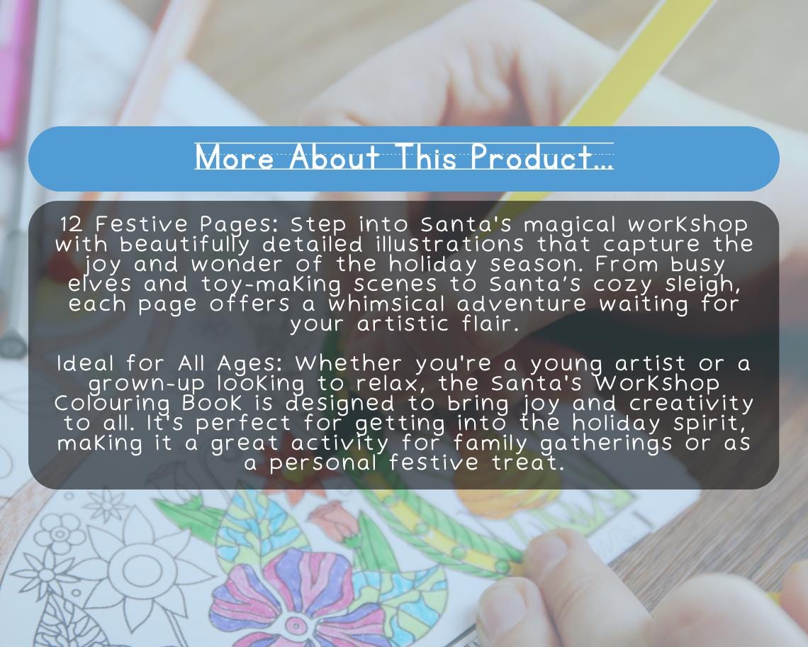 Santa's Workshop Colouring Book | 10 Christmas Themed Graphic Pages | Kids & Adults Art Books | Printable Drawing Colour Sheets All Ages |