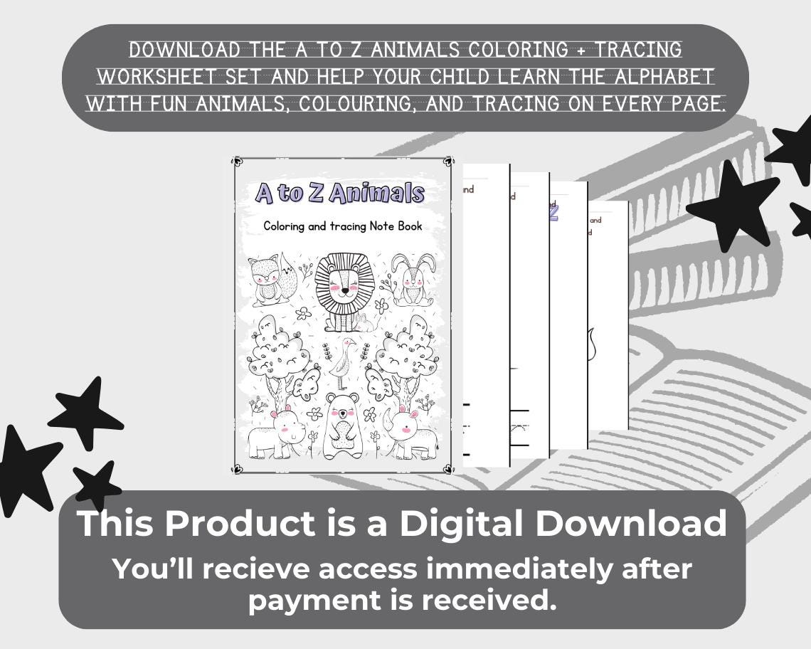 A to Z Animals Tracing & Coloring Worksheets | 27 Printable Pages | Alphabet Handwriting Practice for Preschool Kids