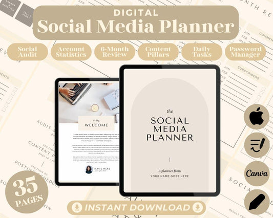 Social Media Planner | Goodnotes, Ipad, Notability, Canva | Daily/Weekly/Monthly Planner | Facebook TikTok Instagram Snapchat Tracker