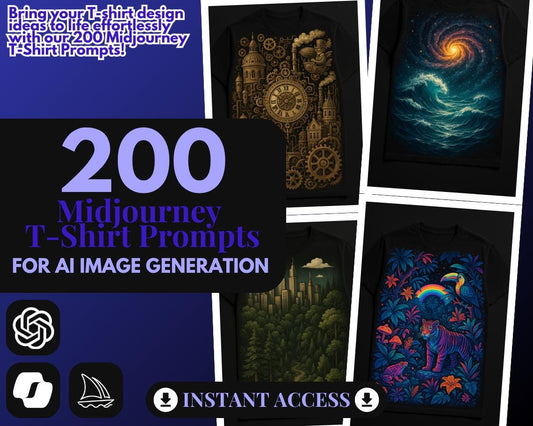 200 Midjourney T Shirt Prompts | AI Graphic Design Prompt Bundle | Automated Intelligence Prompts For Image Creation | T Shirt Designs |