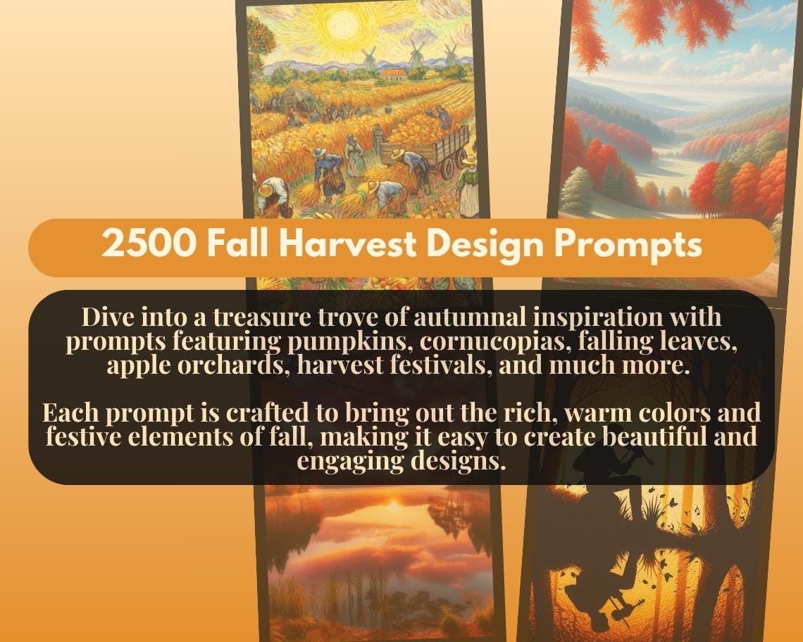 2500 Midjourney Fall Harvest Prompts | AI Graphic Design Prompt Bundle | Automated Intelligence Prompts For Autumn Image Creation |
