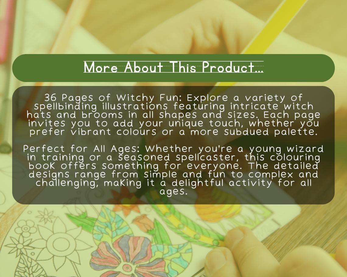 Witch Hat and Broom Colouring Book | 36 Witchy Themed Graphic Pages | 2 Kids & Adults Art Books | Printable Drawing Colour Sheets All Ages |