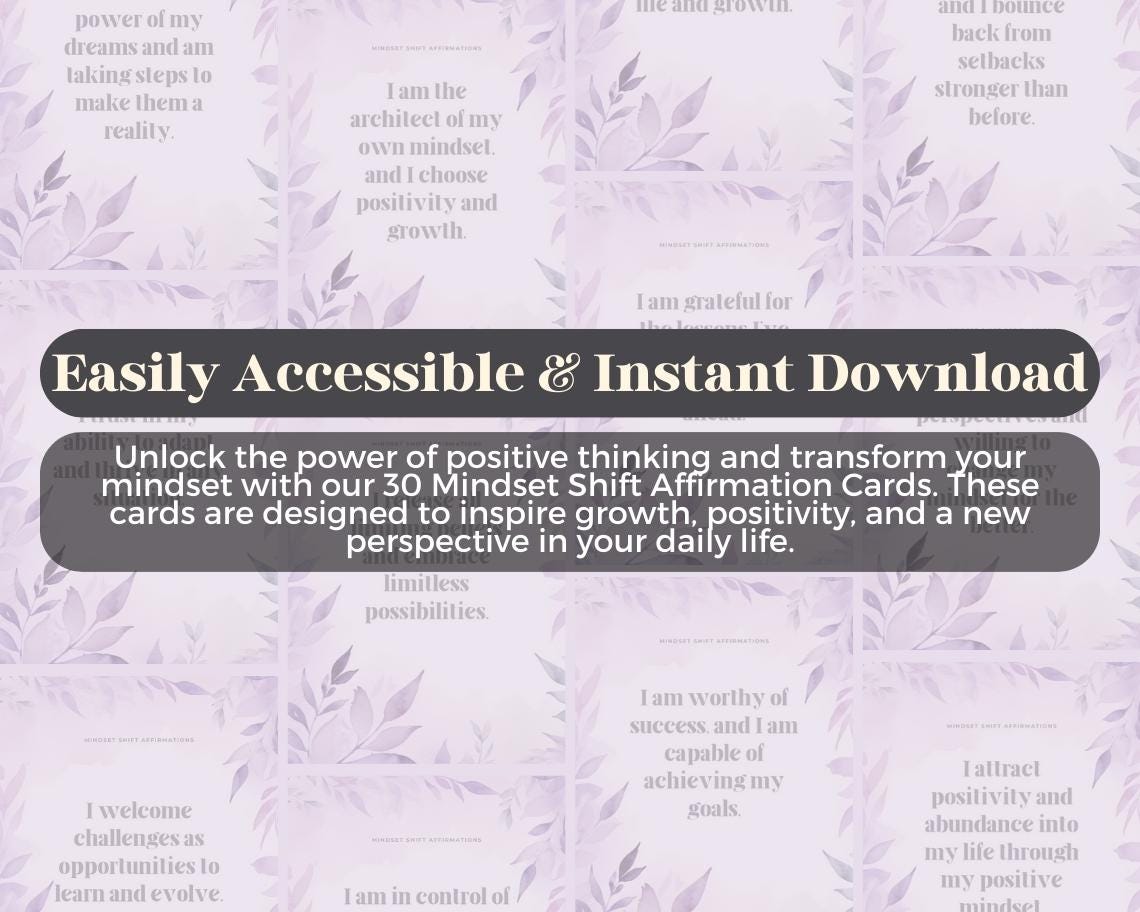 30 Mindset Shift Affirmation Cards | Positive Affirmations For Mindset Change | Editable Canva Graphic Cards | Illustrated Design Aesthetic