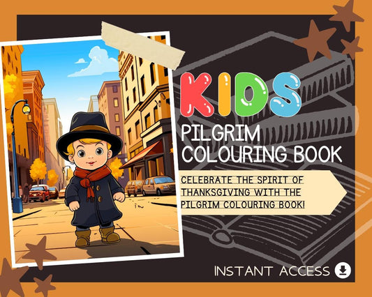 Pilgrim Colouring Book | 11 Thanksgiving Themed Graphic Pages | Kids & Adults Art Books | Printable Drawing Colour Sheets For All Ages |