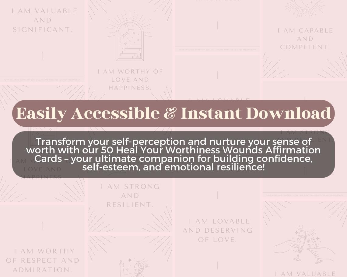 50 Worthiness Wounds Affirmation Cards | Positive Affirmations Cards | Editable Canva Graphic Cards | Minimal & Illustrated Aesthetic