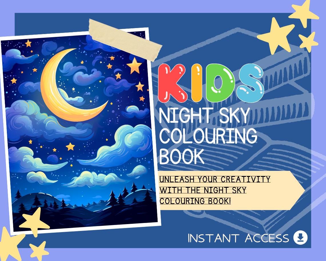 Night Sky Colouring Book | 13 Nocturnal Themed Graphic Pages | Kids & Adults Art Books | Printable Drawing Colour Sheets All Ages |