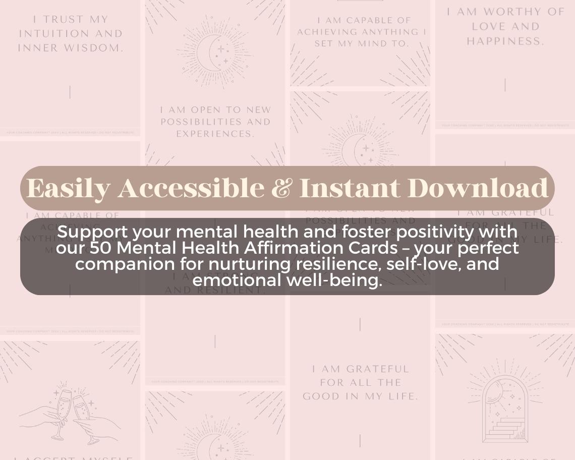 50 Mental Health Affirmation Cards | Positive Affirmations For Positivity | Editable Canva Graphic Cards | Minimal & Illustrated Aesthetic