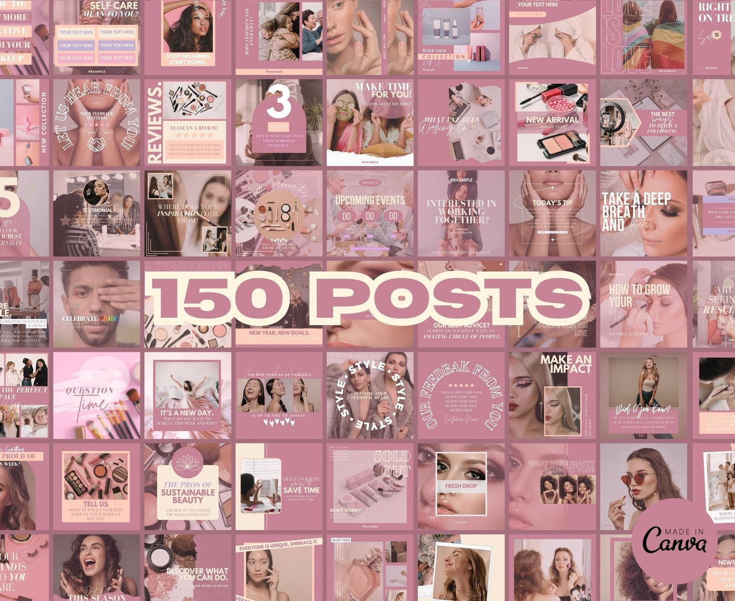 Beauty Instagram Template Posts Editable on Canva | 325 Social Media Graphics | Pink Pastel Templates | Instagram Story and Post Designs