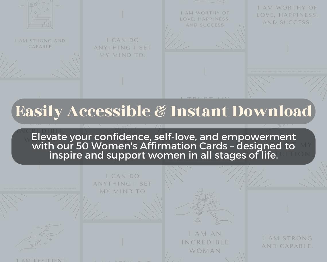 50 Womens Affirmation Cards | Positive Affirmations For Womanhood | Editable Canva Graphic Cards | Minimal & Illustrated Aesthetic