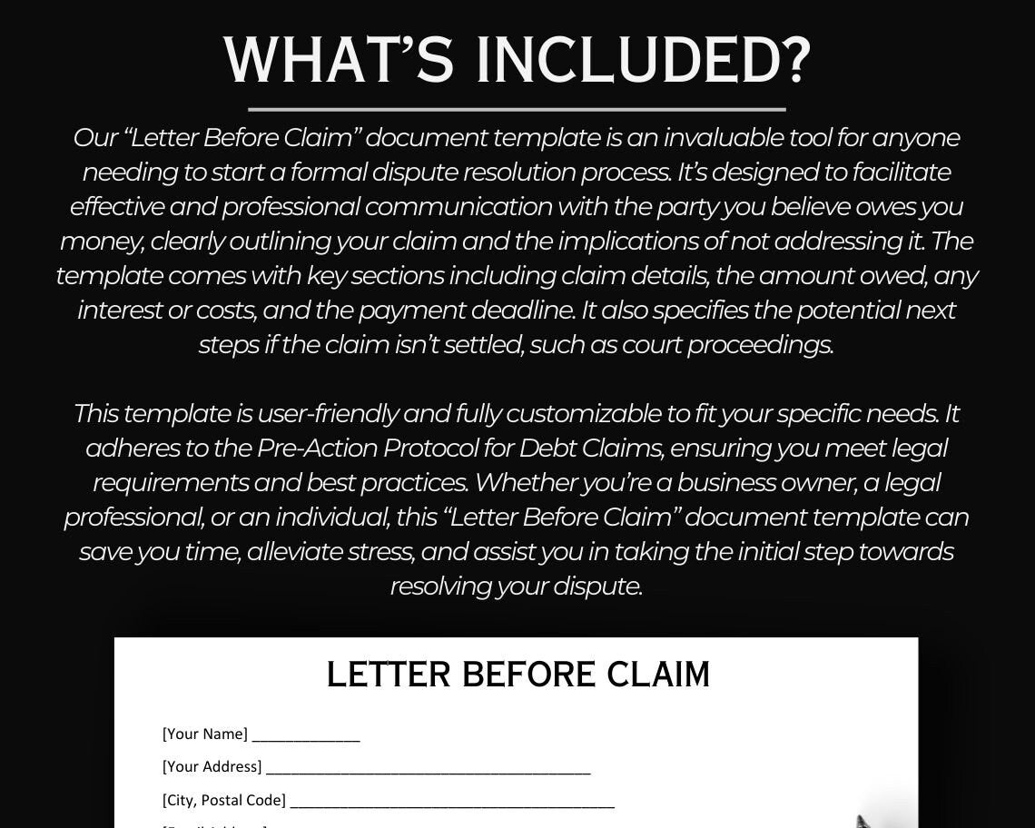 Letter Before Claim | Legal Document Lawyer Certified Binding Contract | Save Money on Legal Fees Instant Printable Download Easily Editable