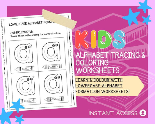 Lowercase Alphabet Tracing Coloring Worksheets | 26 Printable Pages | Handwriting Practice for Preschool & Kindergarten