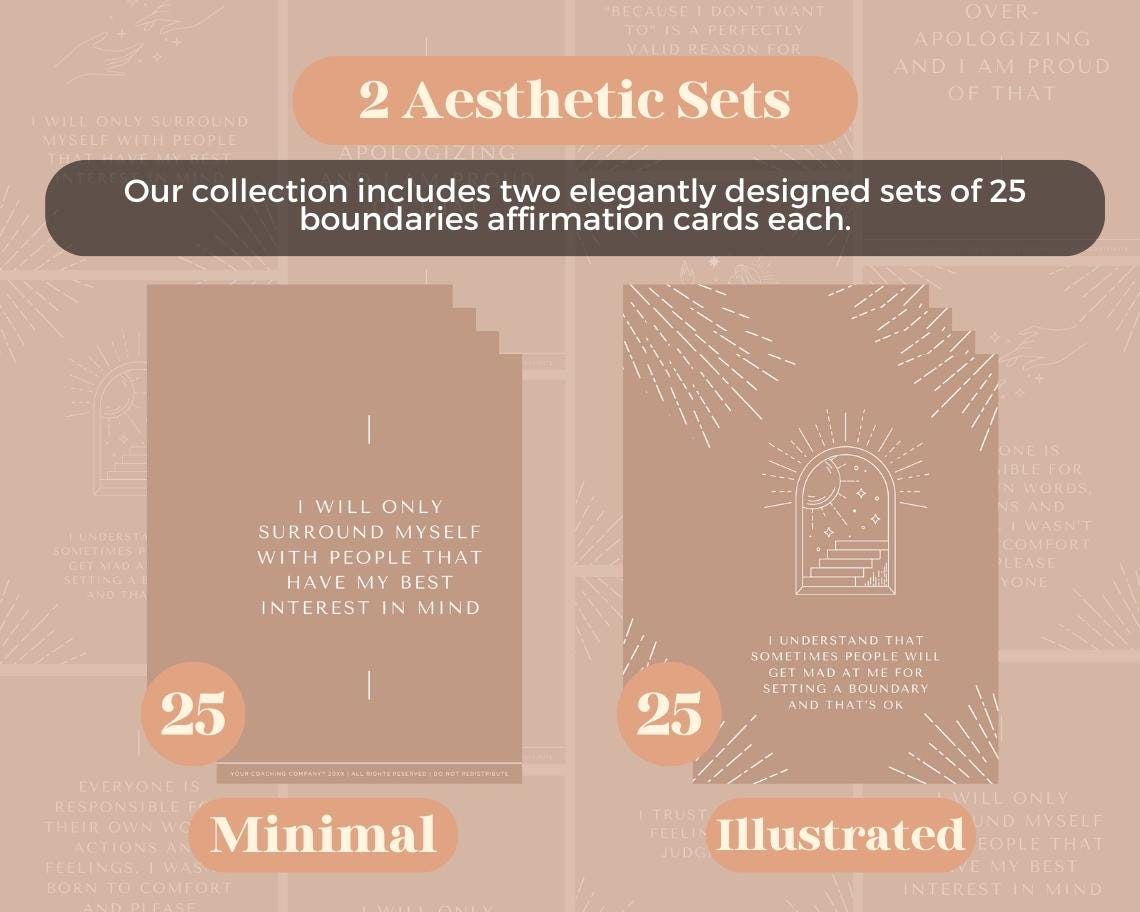 50 Beautiful Boundaries Affirmation Cards | Positive Affirmations Cards | Editable Canva Graphic Cards | Minimal & Illustrated Aesthetic