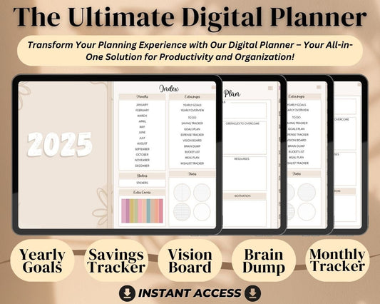 Digital Planner Undated | Goodnotes, Ipad, Notability | Daily/Weekly/Monthly Planner | 2024-2025 | Meal & Budget Tracker | Ipad Planner
