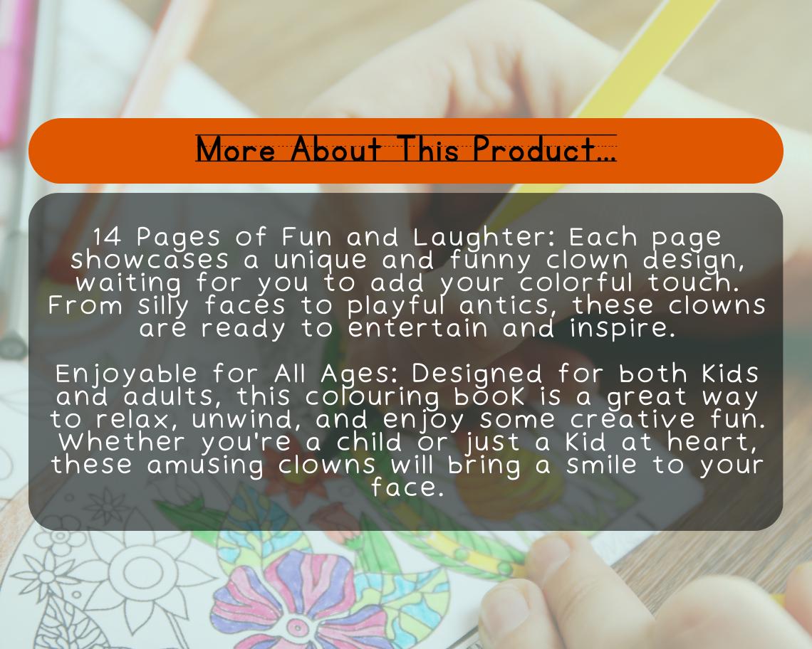 Funny Clown Colouring Book | 14 Carnival Themed Graphic Pages | Kids & Adults Art Books | Printable Drawing Colour Sheets All Ages |