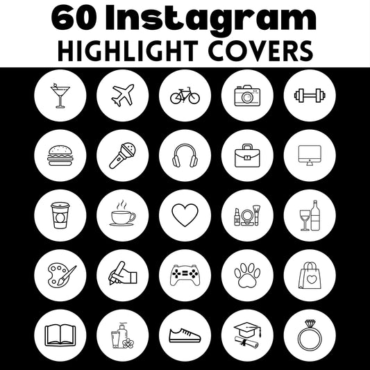 60 Instagram Highlight Covers | White & Black IG Story Icons | Minimalist Aesthetic Highlight Buttons | IG Story Icons | Social Media Kit