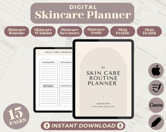 Skincare Planner | Goodnotes, Ipad, Notability, Canva | Daily/Weekly/Monthly Planner | Skin Care Routine Exfoliation Facial Beauty Tracker
