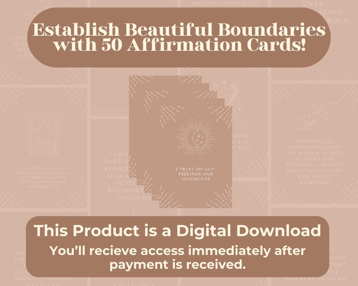 50 Beautiful Boundaries Affirmation Cards | Positive Affirmations Cards | Editable Canva Graphic Cards | Minimal & Illustrated Aesthetic