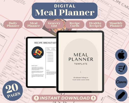 Meal Planner | Goodnotes, Ipad, Notability, Canva | Daily/Weekly/Monthly Planner | Meal Plan Health Diet Weight Loss & Food Tracker