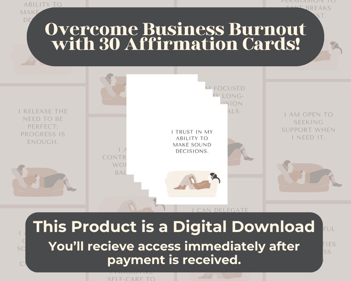 30 Business Burnout Affirmation Cards | Positive Affirmations For Businesses | Editable Canva Graphic Cards | Illustrated Design Aesthetic