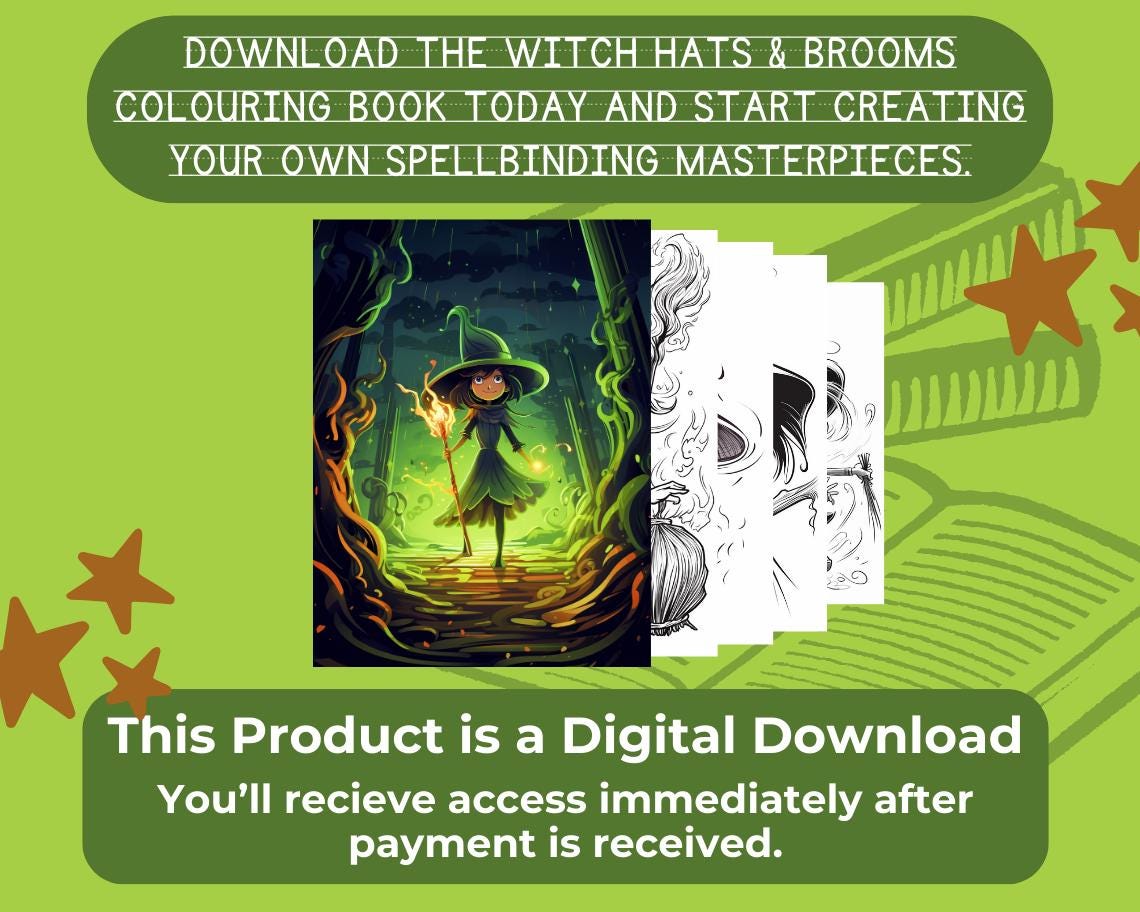 Witch Hat and Broom Colouring Book | 36 Witchy Themed Graphic Pages | 2 Kids & Adults Art Books | Printable Drawing Colour Sheets All Ages |