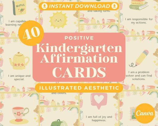 40 Kindergarten Affirmation Cards | Positive Affirmations For Preschool Kids | Editable Canva Graphic Cards | Children Illustrated Aesthetic